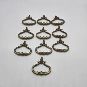 Vintage Antique Brass Drop-Ring Cabinet and Drawer Pulls 10-Piece Set No Screws
